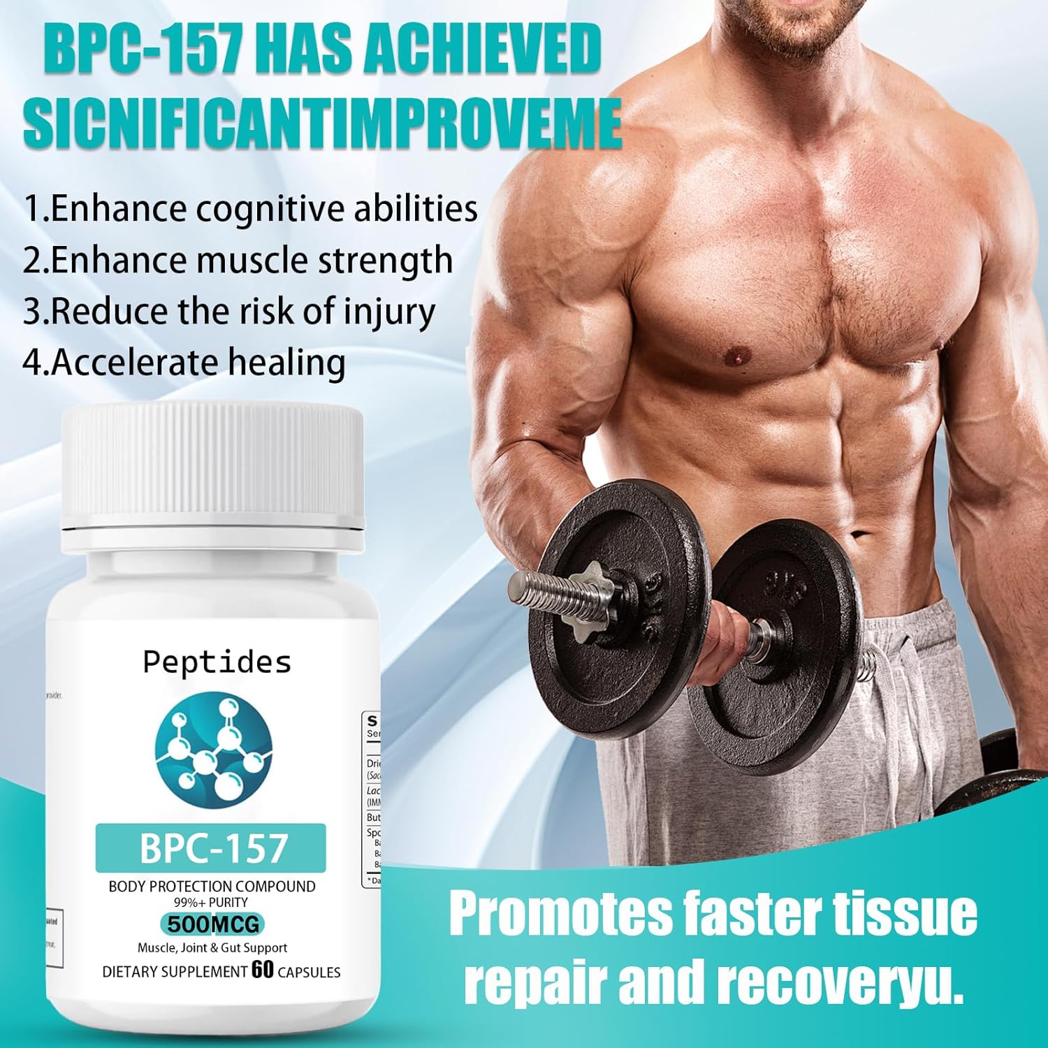 60 Count Fredytu Peptides BPC-157 Capsules - 500 mcg Body Protection Compound 157 Peptide for Muscle Recovery - Non-GMO & Gluten Free