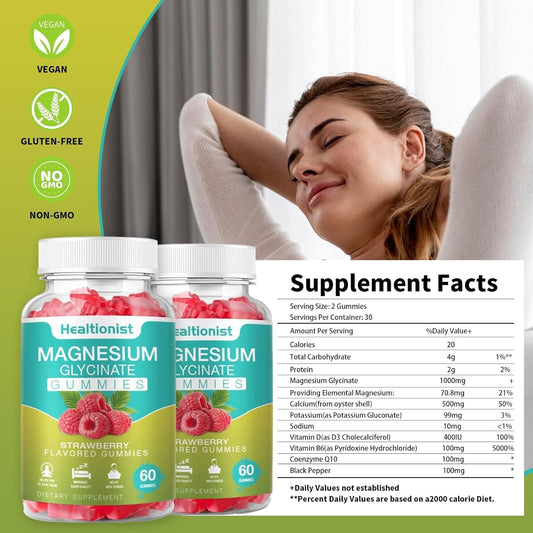60 Count Healtionist Magnesium Glycinate Gummies for Adults & Kids - Best Supplement for Sleep, Stress, Muscle Relief, Nerve Health - Calm Gummies