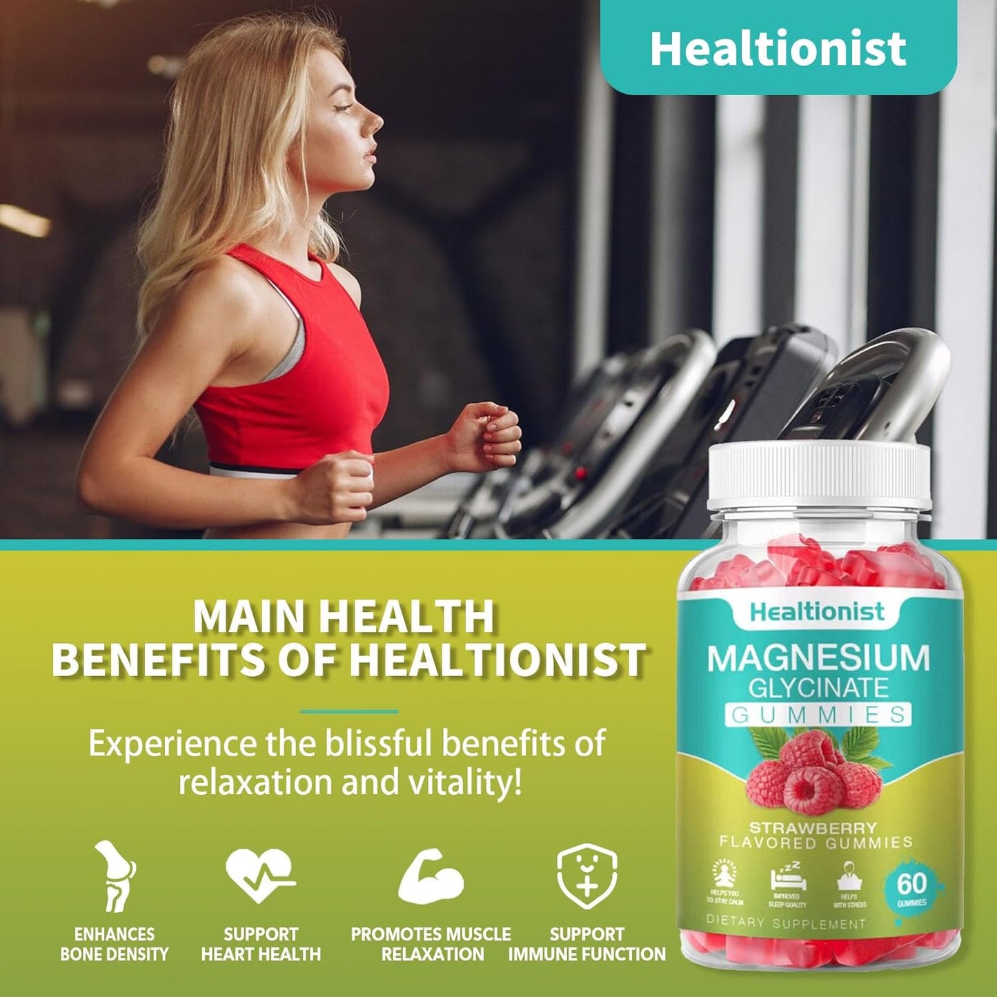 60 Count Healtionist Magnesium Glycinate Gummies for Adults & Kids - Best Supplement for Sleep, Stress, Muscle Relief, Nerve Health - Calm Gummies
