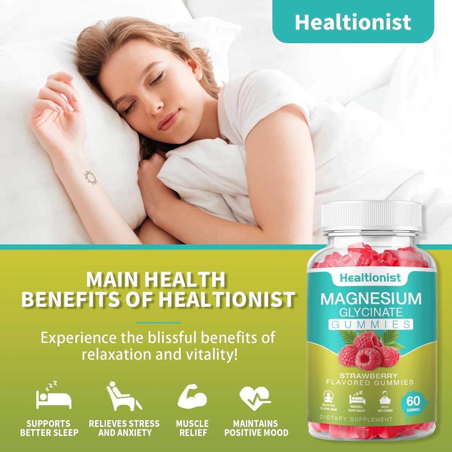 60 Count Healtionist Magnesium Glycinate Gummies for Adults & Kids - Best Supplement for Sleep, Stress, Muscle Relief, Nerve Health - Calm Gummies