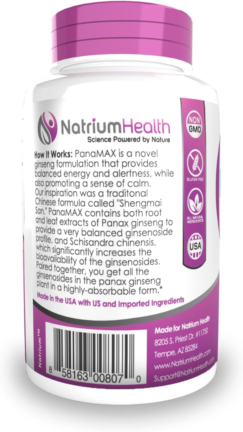 60 Count Natrium Health PanaMAX Capsules with Panax Ginseng and Schisandra Chinensis Extract for Energy and Stress Support