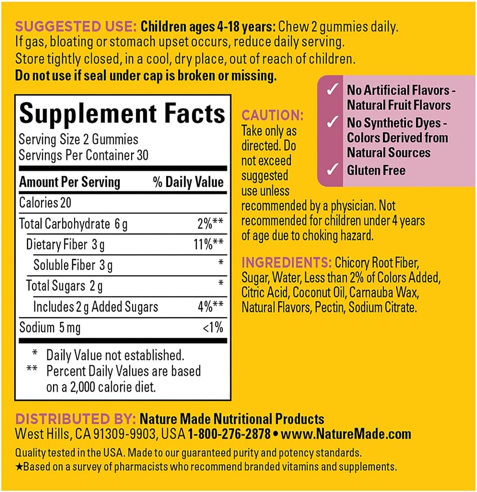 60 Count Nature Made Kids First Fiber Gummies for Digestive Health - Chewable Fiber Supplements