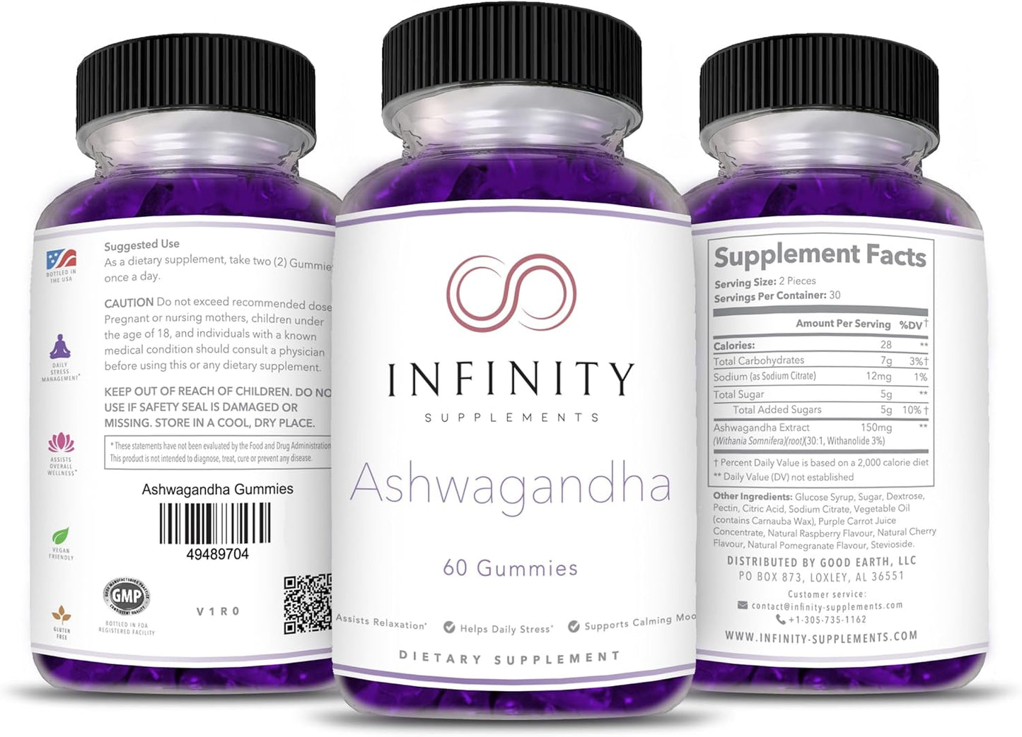 60 Count Pack of Infinity Supplements Ashwagandha Gummies - Extra Strength with Cherry, Raspberry, and Pomegranate Flavor