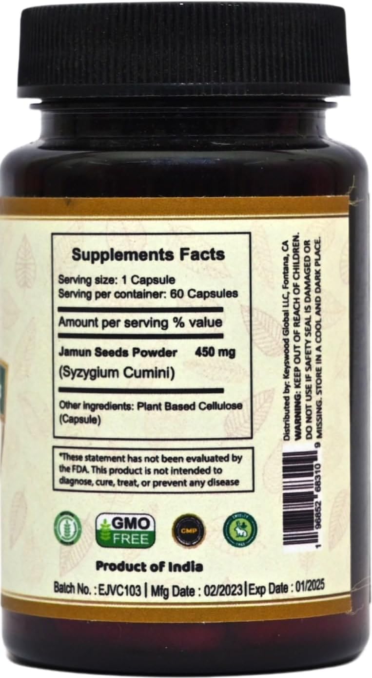 60 Count VedaSecrets Jamun Seed Capsules | Syzygium Cumini Herbal Supplement | 100% Natural Ayurvedic Nutrition for Digestive & Wellness Support