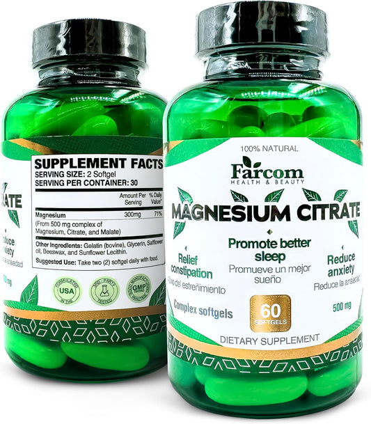 60 Softgels of Farcom Magnesium Citrate for Constipation Relief and Sleep Support - 500mg Capsules