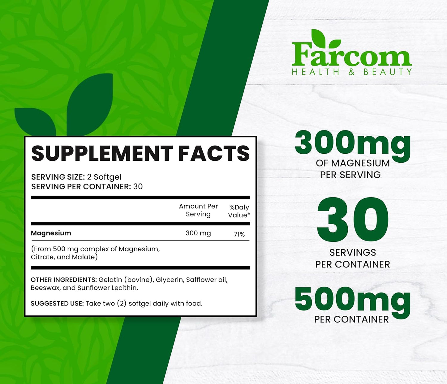 60 Softgels of Farcom Magnesium Citrate for Constipation Relief and Sleep Support - 500mg Capsules