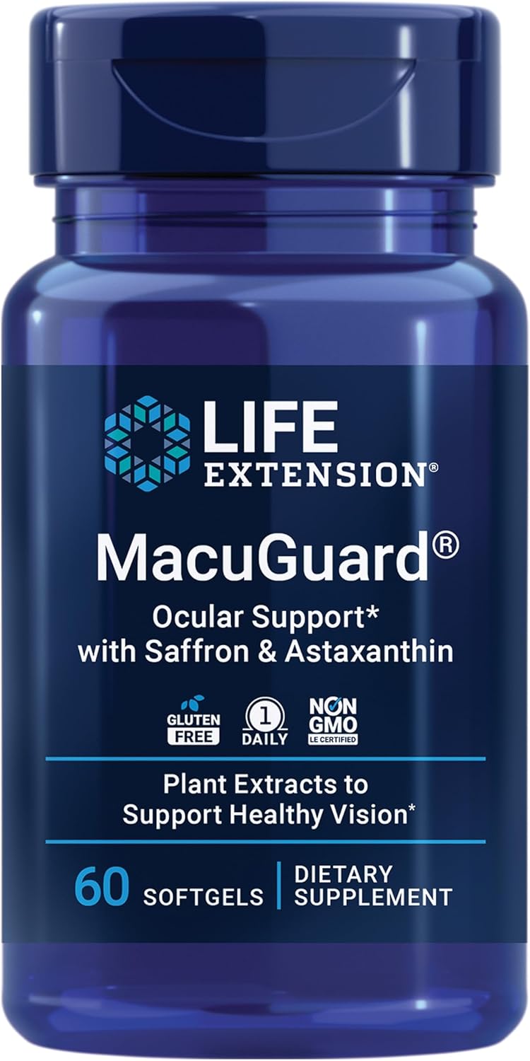 60 Softgels of Life Extension Super Ubiquinol CoQ10 for Heart Health & Cellular Energy + 60 Count Macuguard Ocular Support for Eye Health with Lutein, Zeaxanthin, Saffron, and Astaxanthin