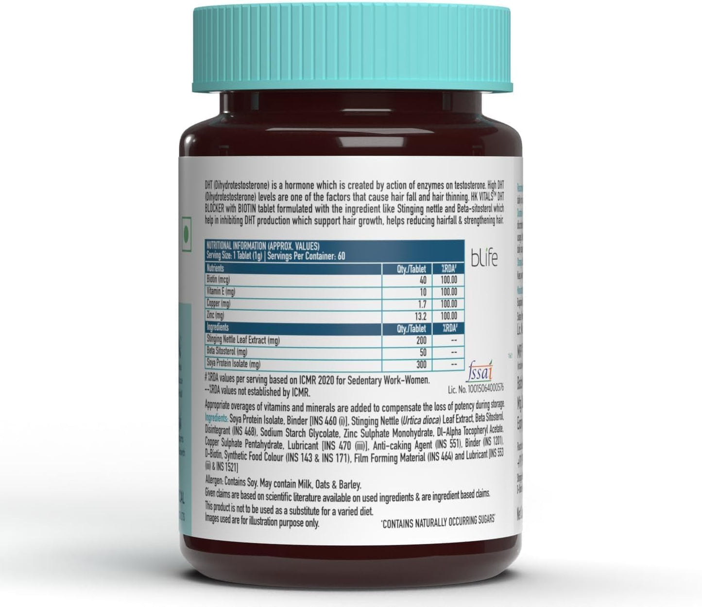 60 Tablets of MENT HK Vitals DHT Blocker with Biotin, Stinging Nettle, and SOYA Protein for Hair Fall Reduction and Growth Stimulatio