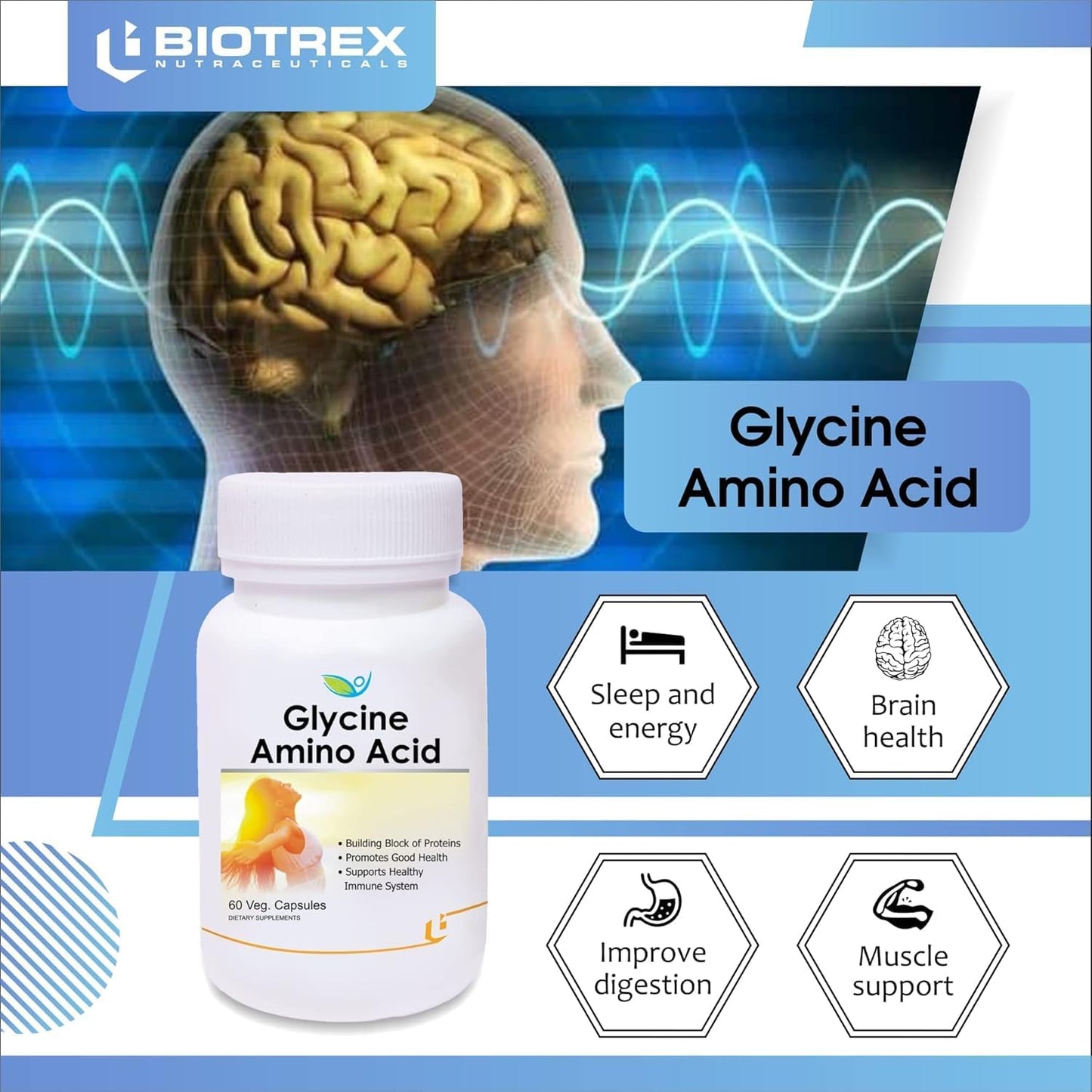 60 Veg Capsules of Generic Nutraceuticals Glycine Amino Acid for Immune Support