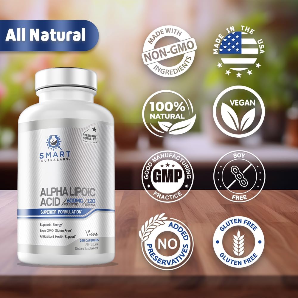Alpha Lipoic Acid 600mg Per Serving - 240 Vegan Capsules - Gluten Free & Non-GMO - Supports Energy & Antioxidant - By Smart Nutra Labs - Espot.com.au