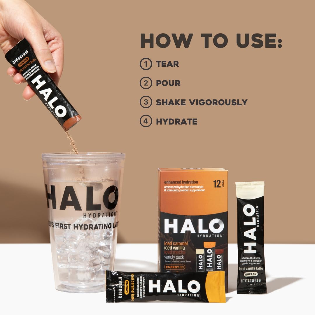 HALO Sport HALO Hydration Variety Pack - Electrolyte Energy Drink Mix and Hydration Powder Packets in Caramel, Vanilla, and Mocha Latte Flavors - Healthy Skinny Coffee Sticks - 12 Servings - Espot.com.au