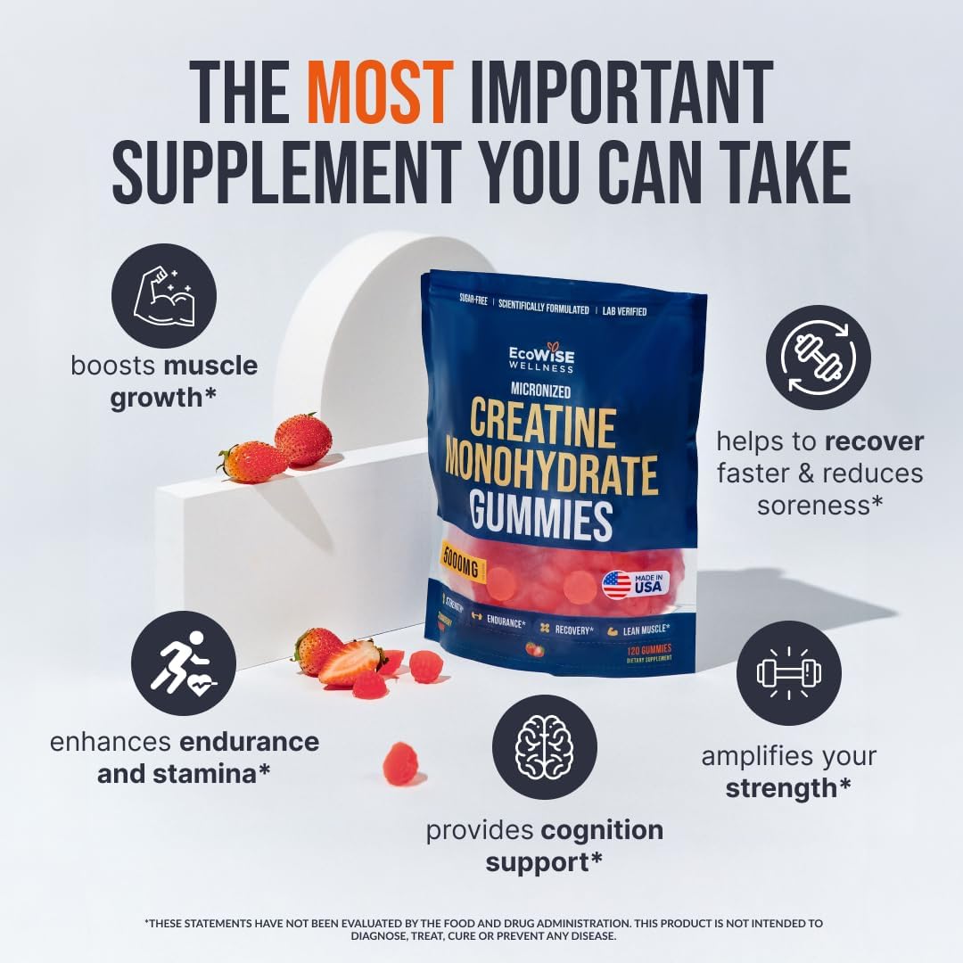 EcoWise Wellness Creatine Monohydrate Gummies - 5000 MG Chewables for Strength & Energy - Gluten-Free, Vegan - 120 Count Strawberry Gummies for Men & Women - Espot.com.au