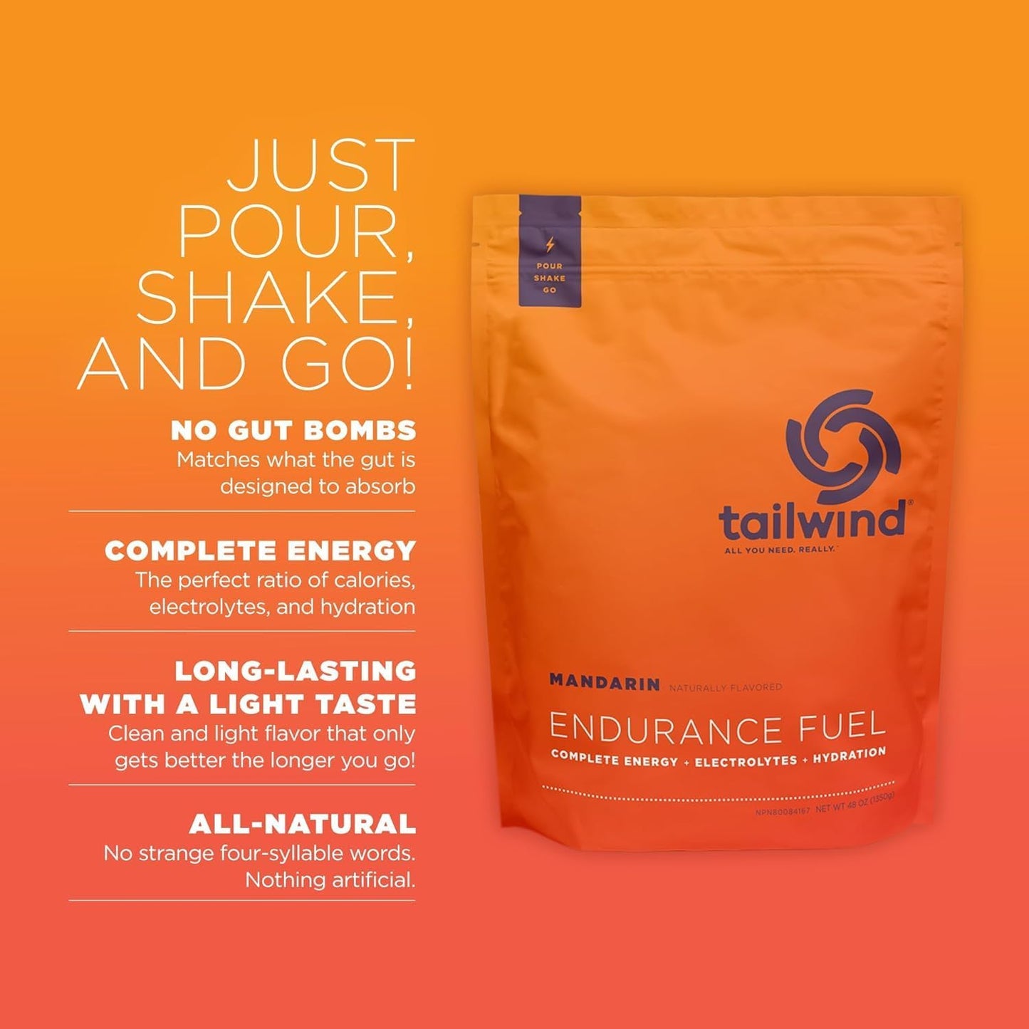 Tailwind Nutrition Endurance Fuel Powder - Gluten-Free & Vegan Sports Drink Mix with Electrolytes for Hydration, Mandarin Flavor, 50 Servings - Espot.com.au