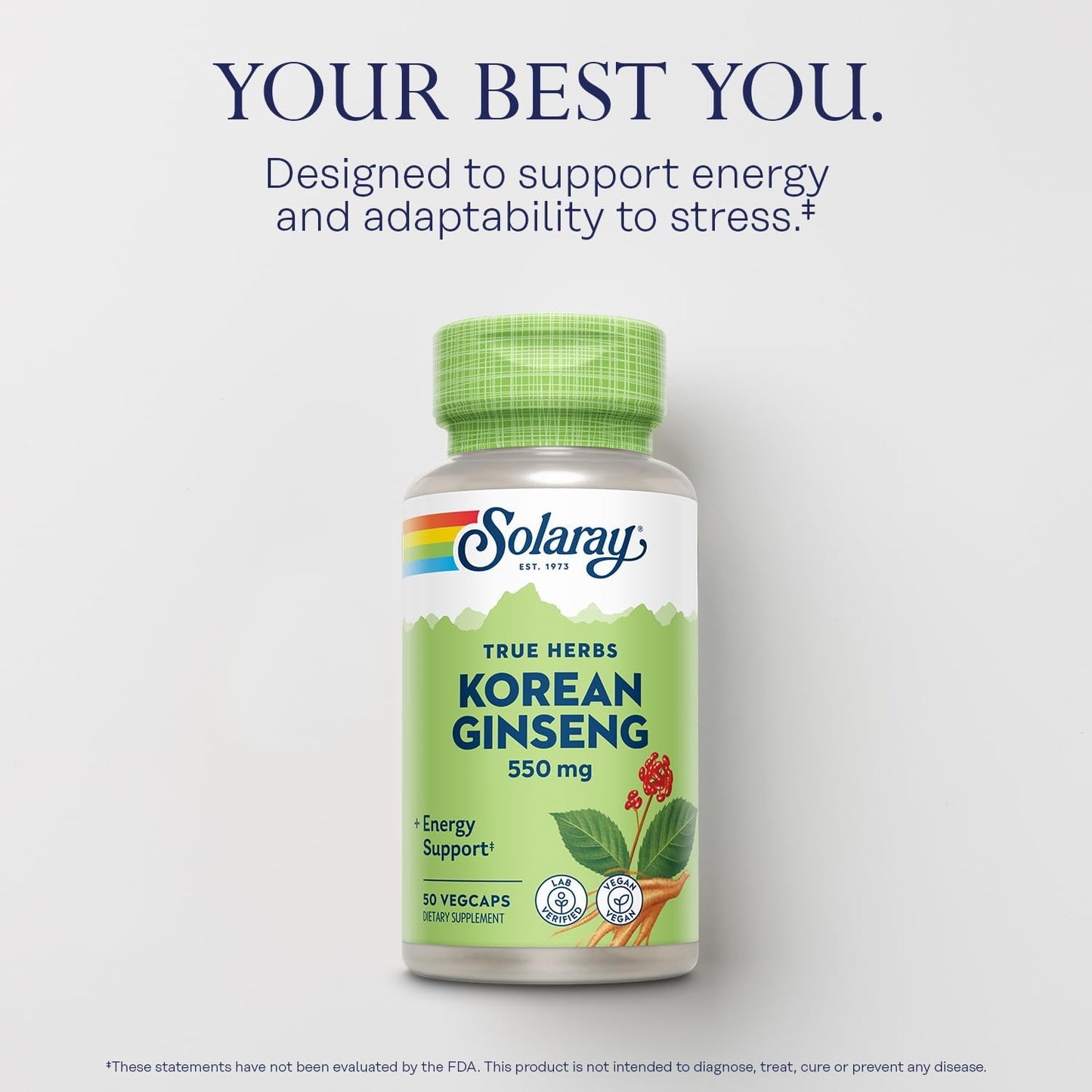 Solaray Korean Ginseng Root 550mg Capsules - Natural Stress Relief, Energy Boost & Endurance Support - Non-GMO, Vegan Formula - Lab Verified - 50 Servings, 50 VegCaps - Espot.com.au