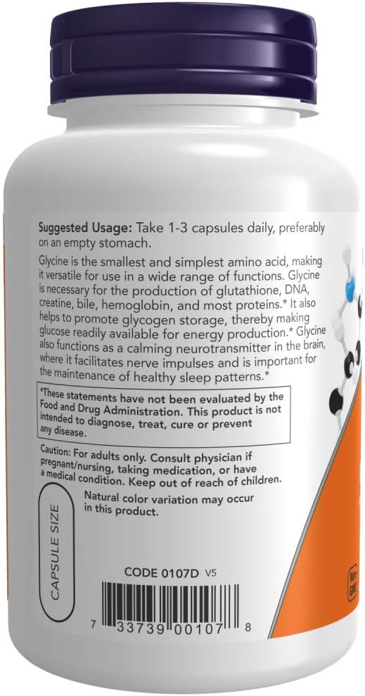 Now Foods Glycine Capsules - Pharmaceutical Grade Amino Acid Supplement (1000mg, 100 Count) - Espot.com.au