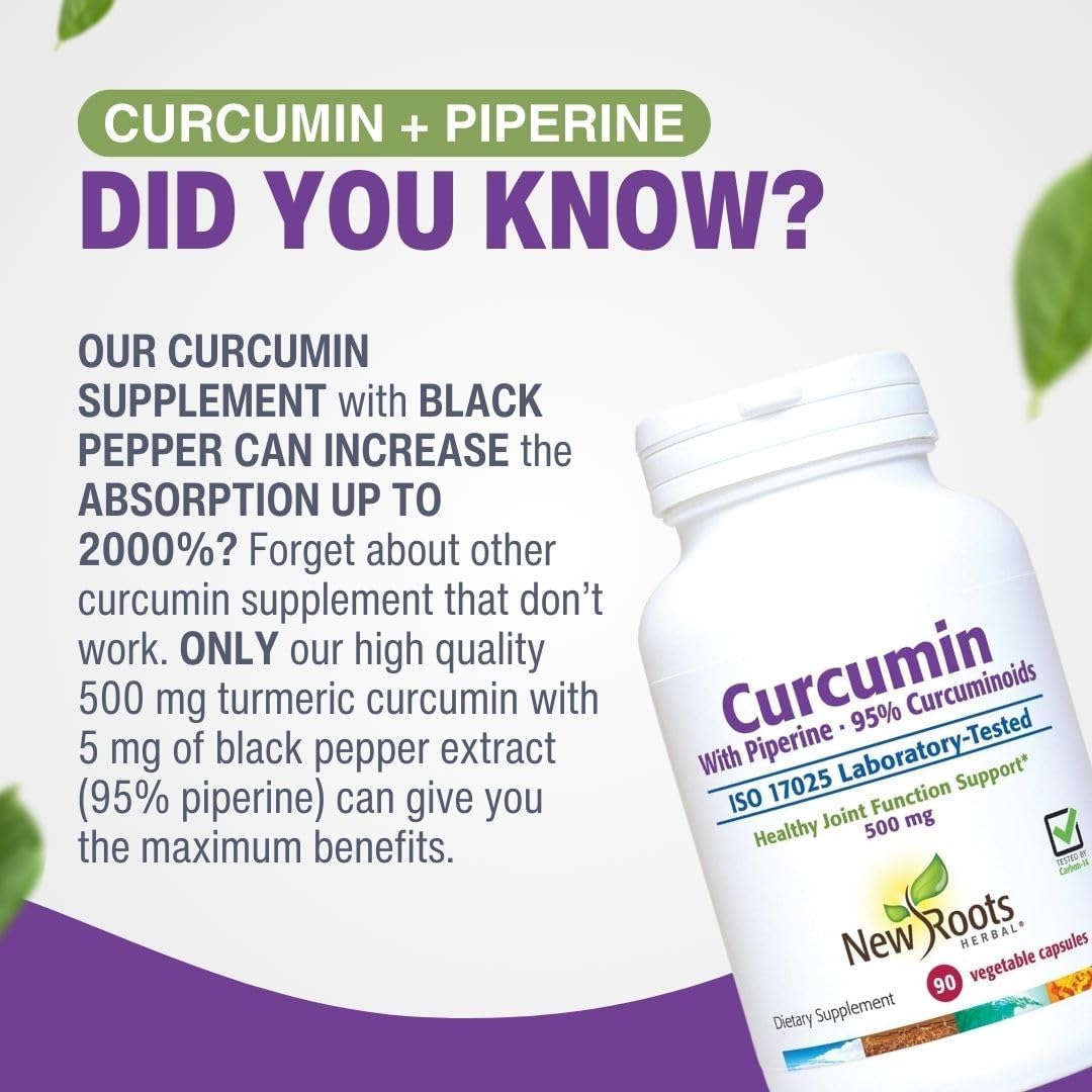 Turmeric Curcumin with Black Pepper Supplement for Enhanced Absorption | 95% Curcuminoids + 95% Piperine | 90 Veg Capsules, 500mg | New Roots Herbal - Espot.com.au