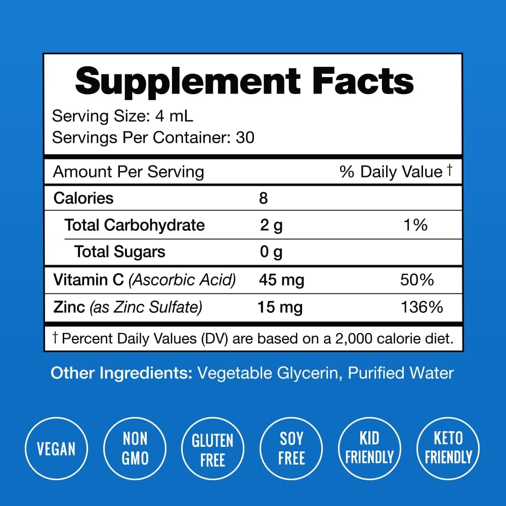 Vegan Liquid Zinc Drops with Vitamin C for Immune Support - 4 oz Sugar-Free Supplement for Kids & Adults - Espot.com.au