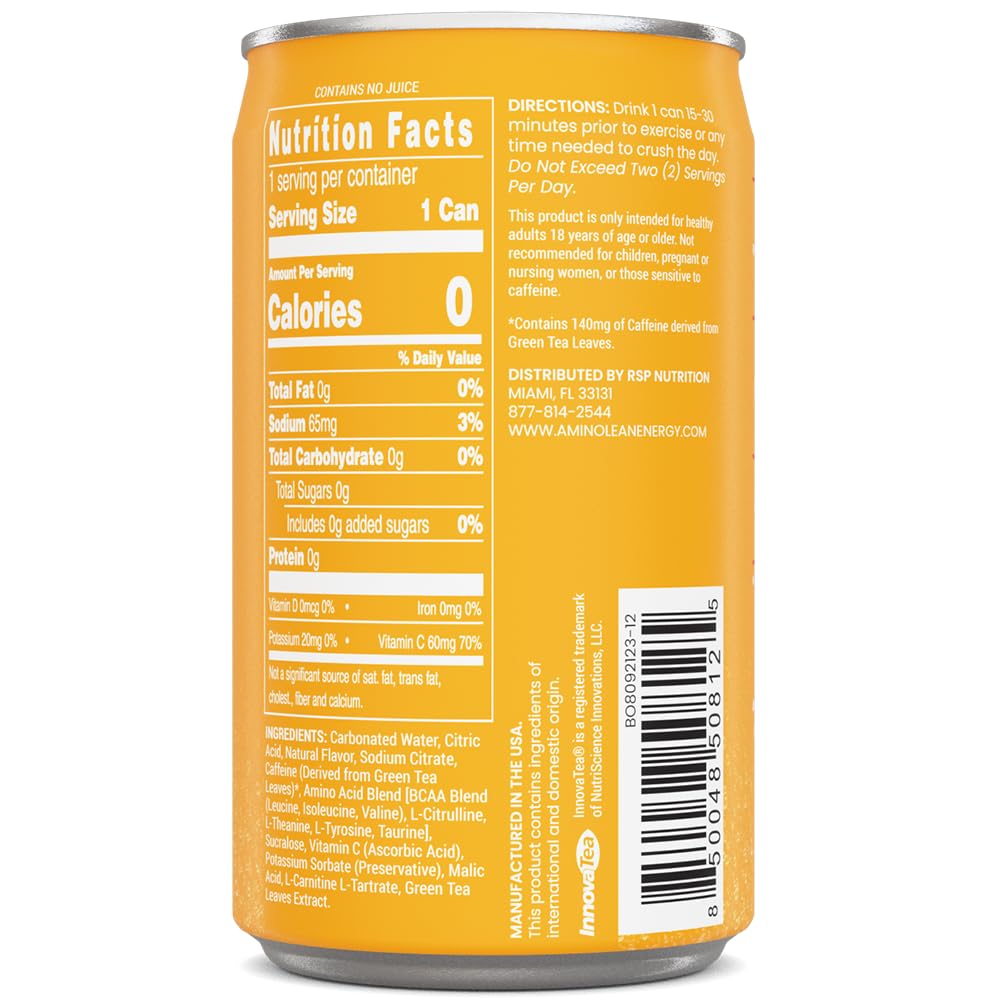 AminoLean Energy Drink MINIS 12 Pack - Sugar Free Natural Caffeine & Vegan Amino Acids for Anytime Energy, No Jitters, Blood Orange Flavor - Espot.com.au
