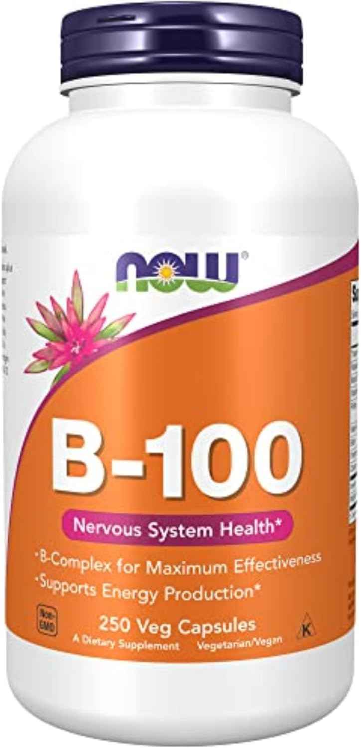 NOW Foods Vitamin B-100 Supplements for Energy and Nervous System Health - 250 Veg Capsules
