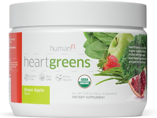 Organic HeartGreens Superfood Powder with Wheatgrass, Kale, Spinach, and Spirulina - USDA Organic Non-GMO, Green Apple Flavor - 5.29oz by humanN - Espot.com.au