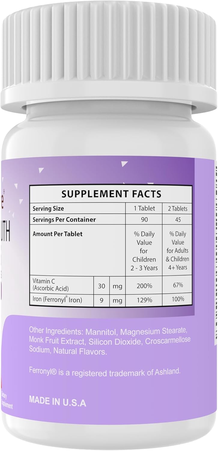Delicious Grape Flavored NutritiPure Chewable Iron Supplements for Kids - 90 Count Bottle with Ferronyl®/Carbonyl Iron 9mg and Vitamin C 30mg - Espot.com.au