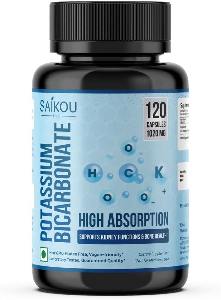High Absorption Potassium Bicarbonate Supplement - 1020mg, 120 Capsules - Supports Electrolyte Balance, Kidney & Bone Health - SAIKOU HERBS - Espot.com.au