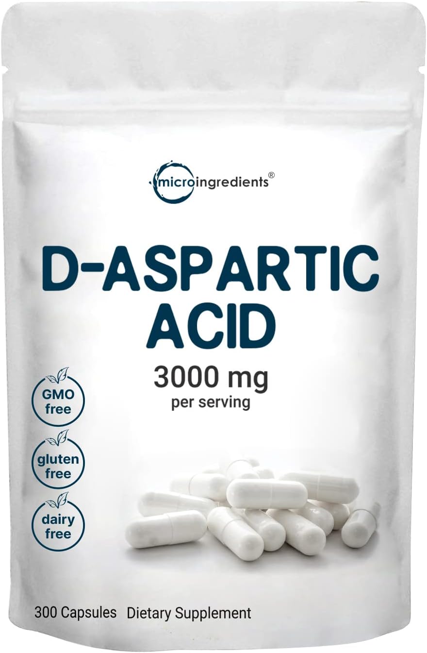Premium D Aspartic Acid Pills - Non-GMO DAA Supplement with 3000mg Per Serving - 300 Capsules for Strength and Endurance - Espot.com.au