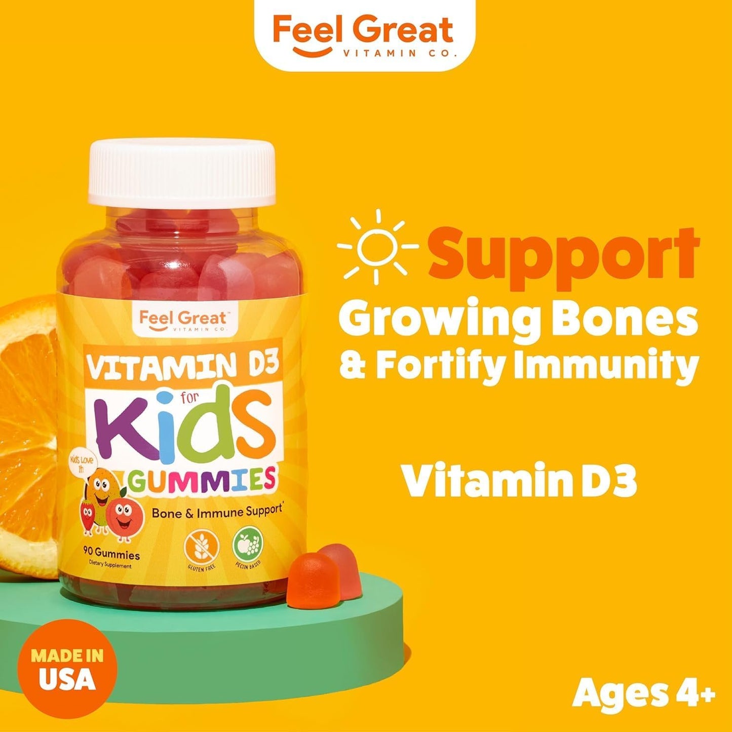 Feel Great Kids Vitamin D3 1000 IU Gummies - Citrus Flavored Vegetarian D3 Gummies for Healthy Bones, Mood, & Immune Support - 90 Day Supply from The Feel Great Vitamin Company - Espot.com.au