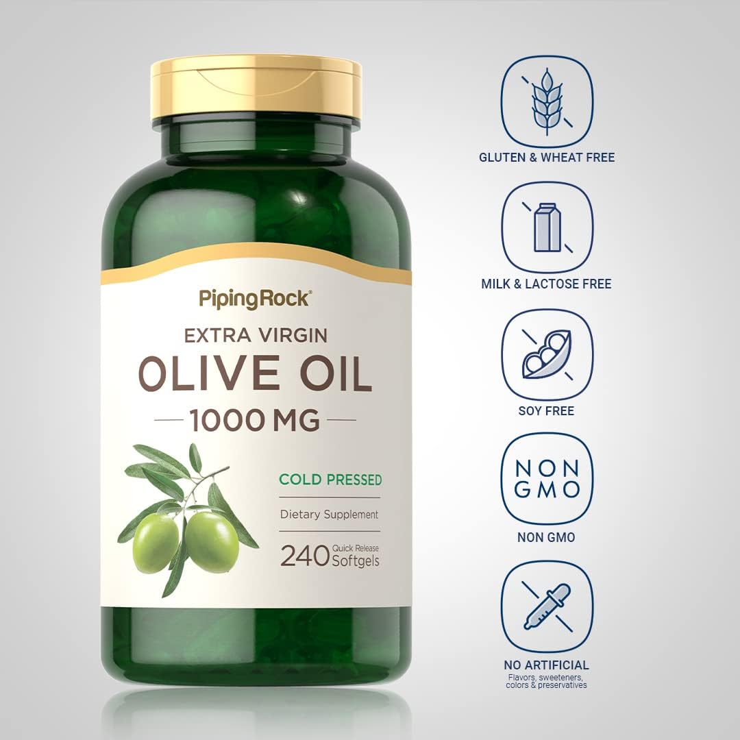 Extra Virgin Olive Oil Softgel Capsules 1000mg - 240 Count | Cold Pressed Supplement | Gluten Free & Non-GMO by Piping Rock - Espot.com.au