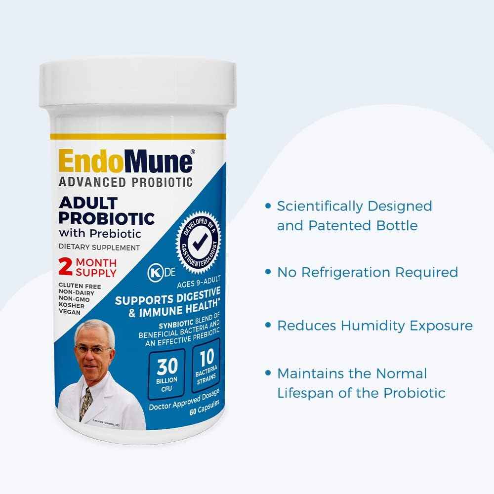 Physician Formulated Endomune Advanced Adult Probiotic with Prebiotic | 10 Strains, 30 Billion CFU | 60-Count Bottle