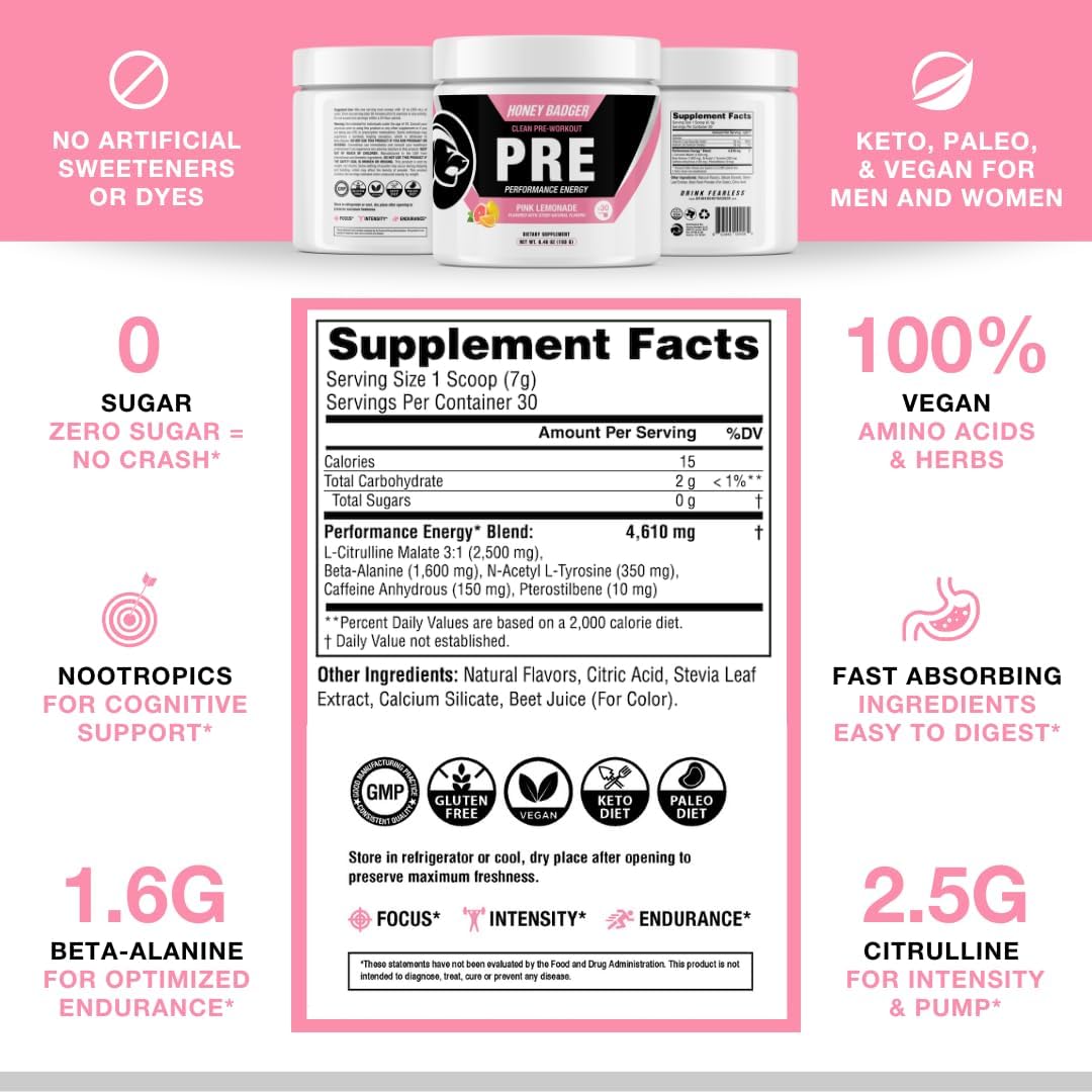 pink-lemonade-honey-badger-pre-workout-powder---sugar-free-keto-vegan-preworkout-with-beta-alanine-caffeine-for-natural-energy-boost---30-servings-for-men-women-5