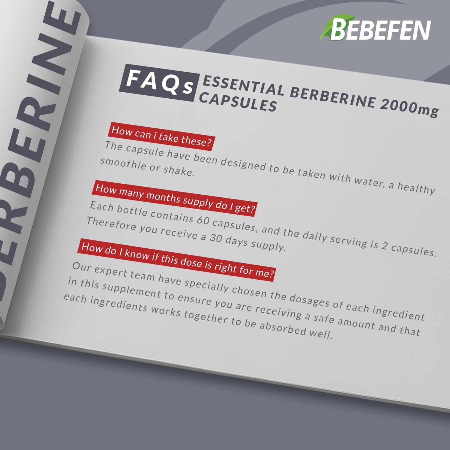 BEBEFEN Berberine HCL Supplement 2000mg - Boosts Immunity & Heart Health - Non GMO, Gluten Free - Supports Cardiovascular System - Espot.com.au