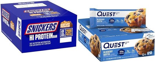 High Protein Snickers Peanut Caramel Bars & Blueberry Muffin Quest Protein Bars Bundle - 36 Bars Total - Espot.com.au