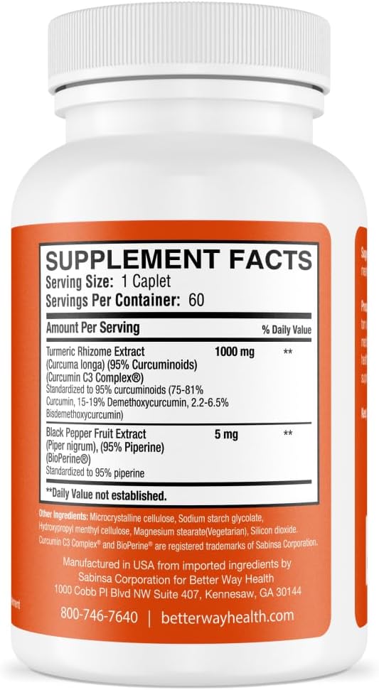 Turmeric Curcumin Extra Strength Caplets with Curcumin C3 Complex and BioPerine - 1000mg - Better Way Health - Espot.com.au
