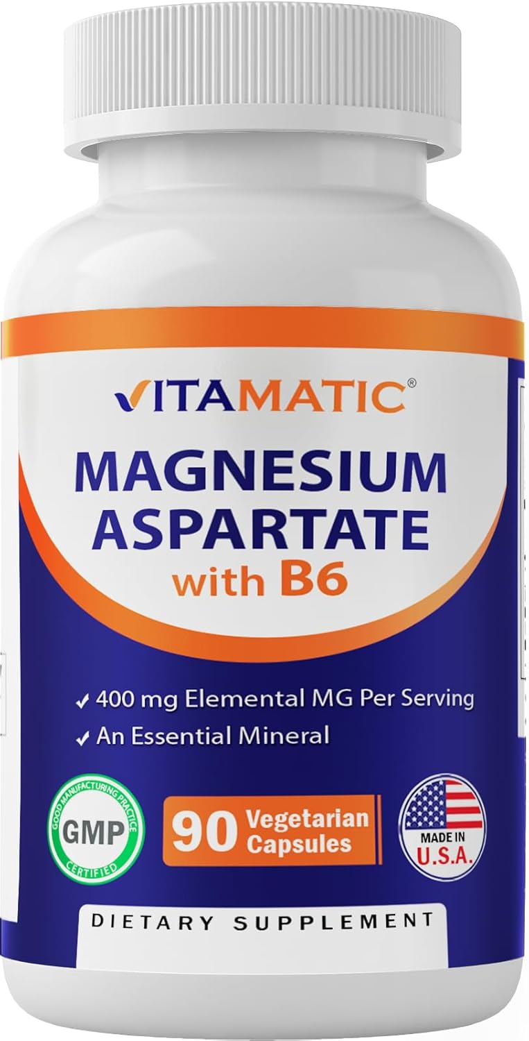 Vitamatic Magnesium Aspartate Capsules - 400mg with Added B6 - Supports Muscle, Joint, and Heart Health - 90 Vegetarian Capsules - Espot.com.au
