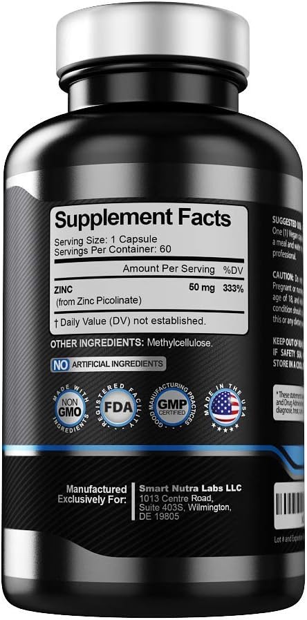 High Potency Vegan Zinc Picolinate Supplement - Supports Immune Health & Energy - 50MG - 60 Capsules - 2 Month Supply by Smart Nutra Labs - Espot.com.au