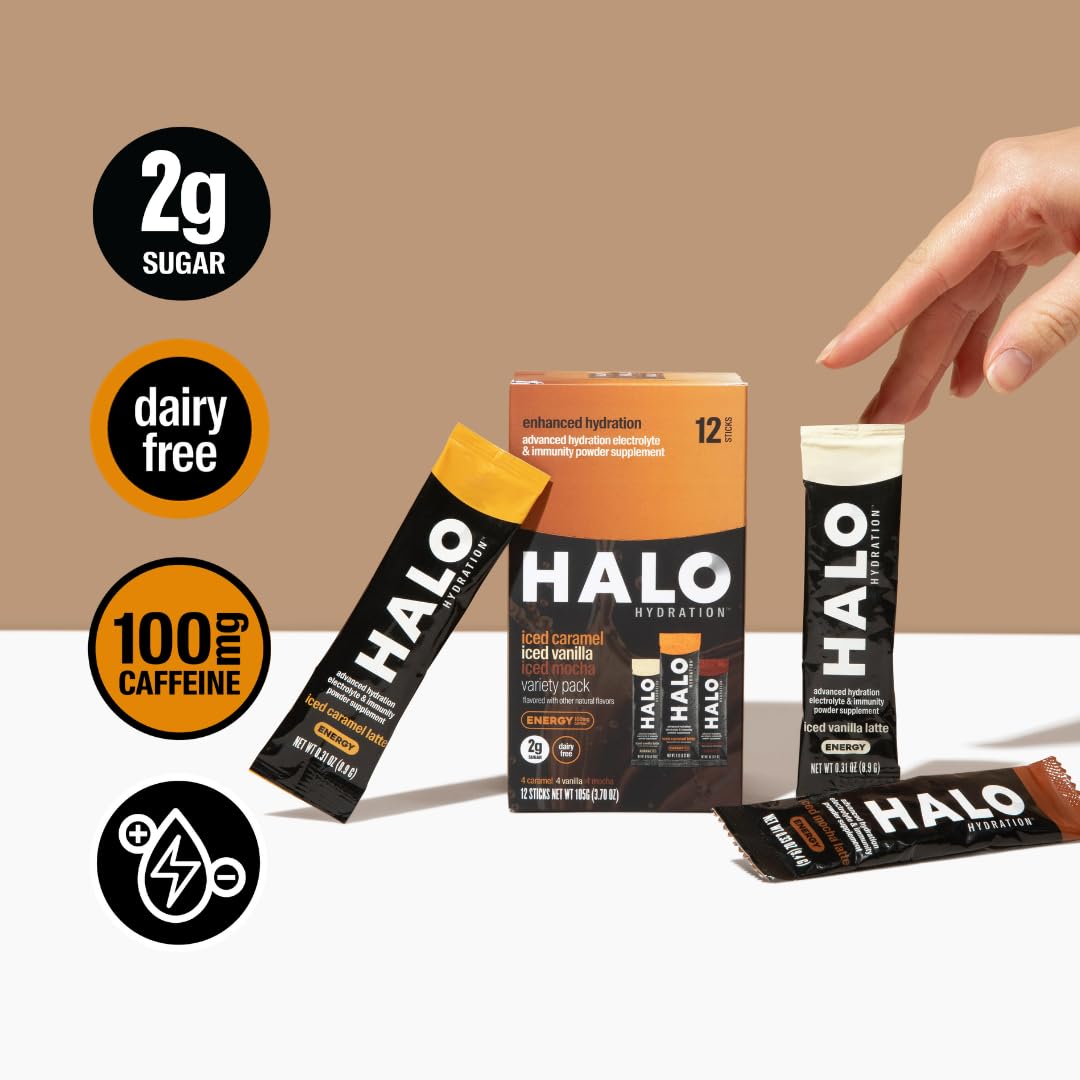 HALO Sport HALO Hydration Variety Pack - Electrolyte Energy Drink Mix and Hydration Powder Packets in Caramel, Vanilla, and Mocha Latte Flavors - Healthy Skinny Coffee Sticks - 12 Servings - Espot.com.au