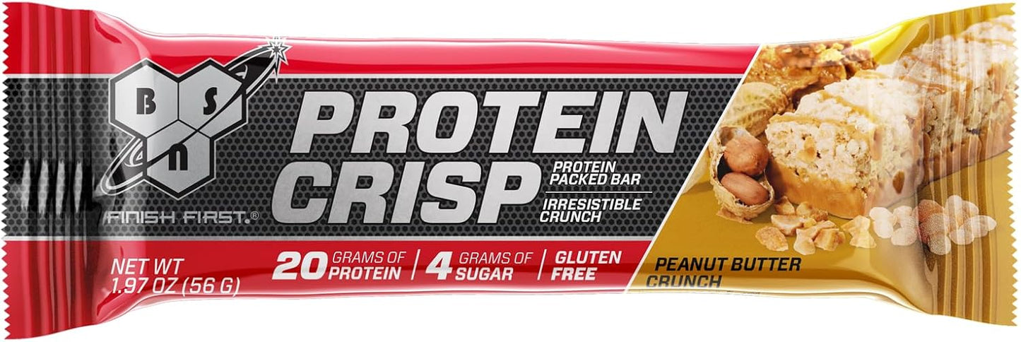 Gluten-Free BSN Protein Crisp Bar - Peanut Butter Crunch, 12 Count - Whey Protein Snack Bars with Fiber - Crunchy Protein Bars - Espot.com.au