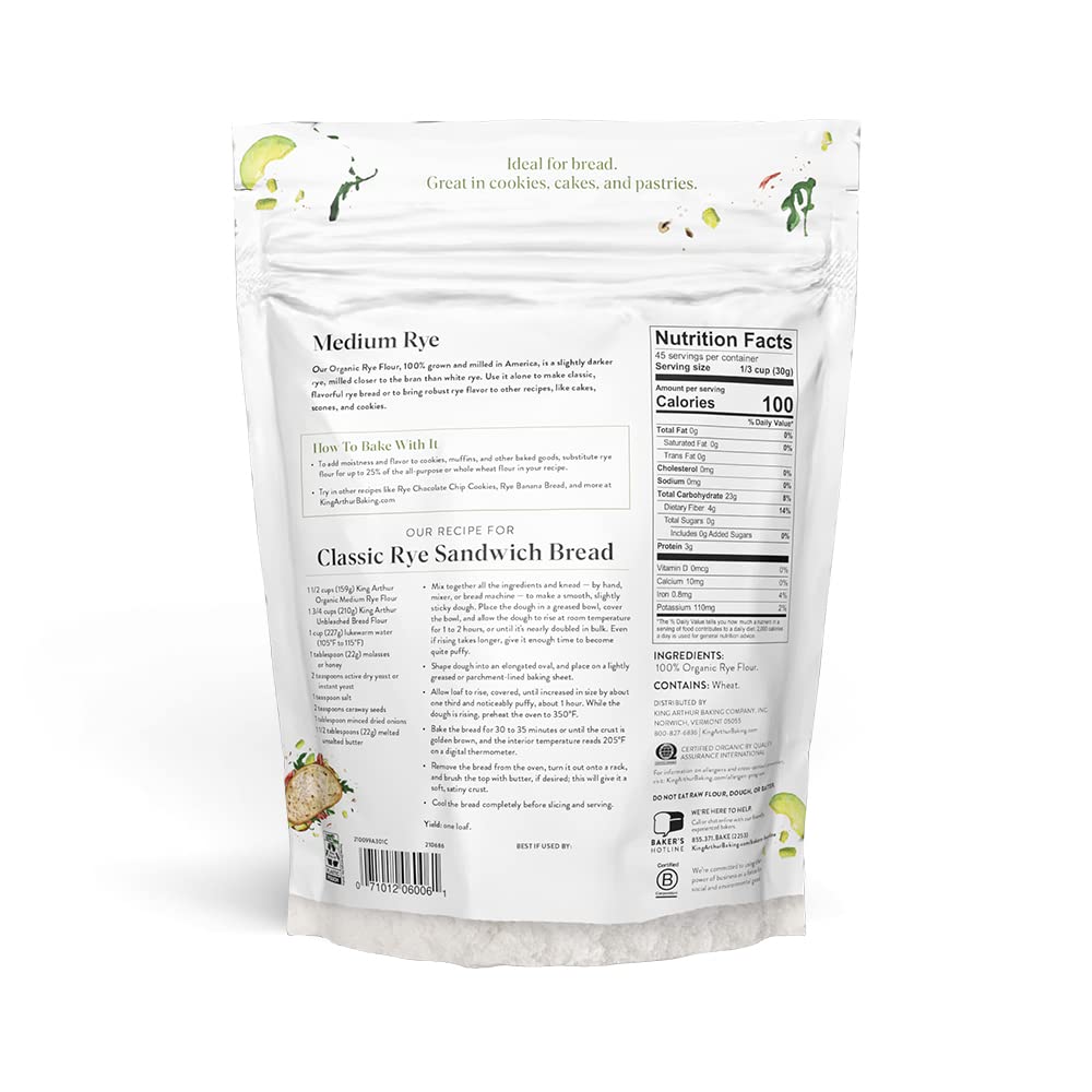 King Arthur Baking Organic Medium Rye Flour - 3 lbs | US Grown & Milled | Non-GMO | Robust Flavor for Breads, Cookies & More - Espot.com.au