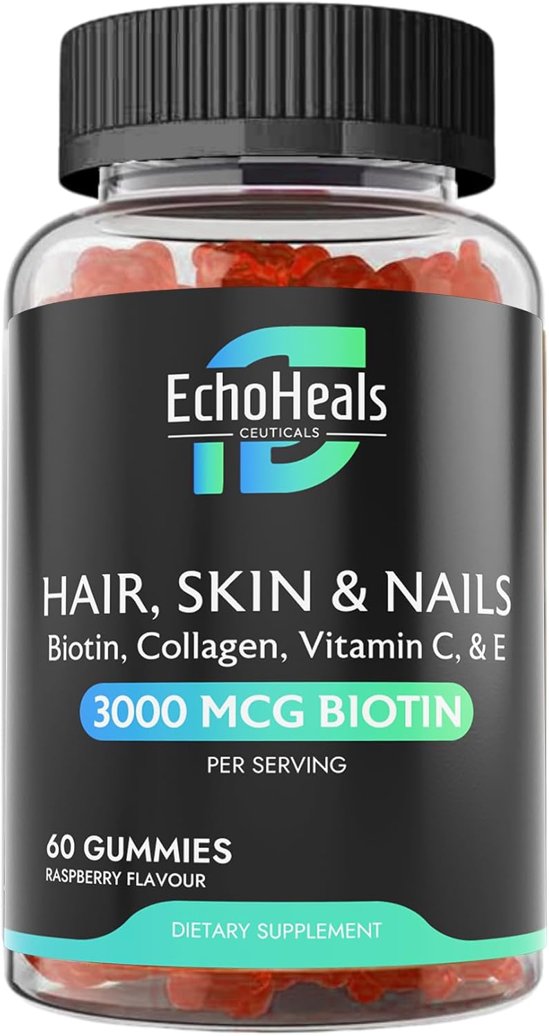 Raspberry Flavored Hair, Skin & Nail Gummies with Biotin, Collagen, Vitamin C & E - 60 Gummies | EchoHeals CEUTICALS - Espot.com.au