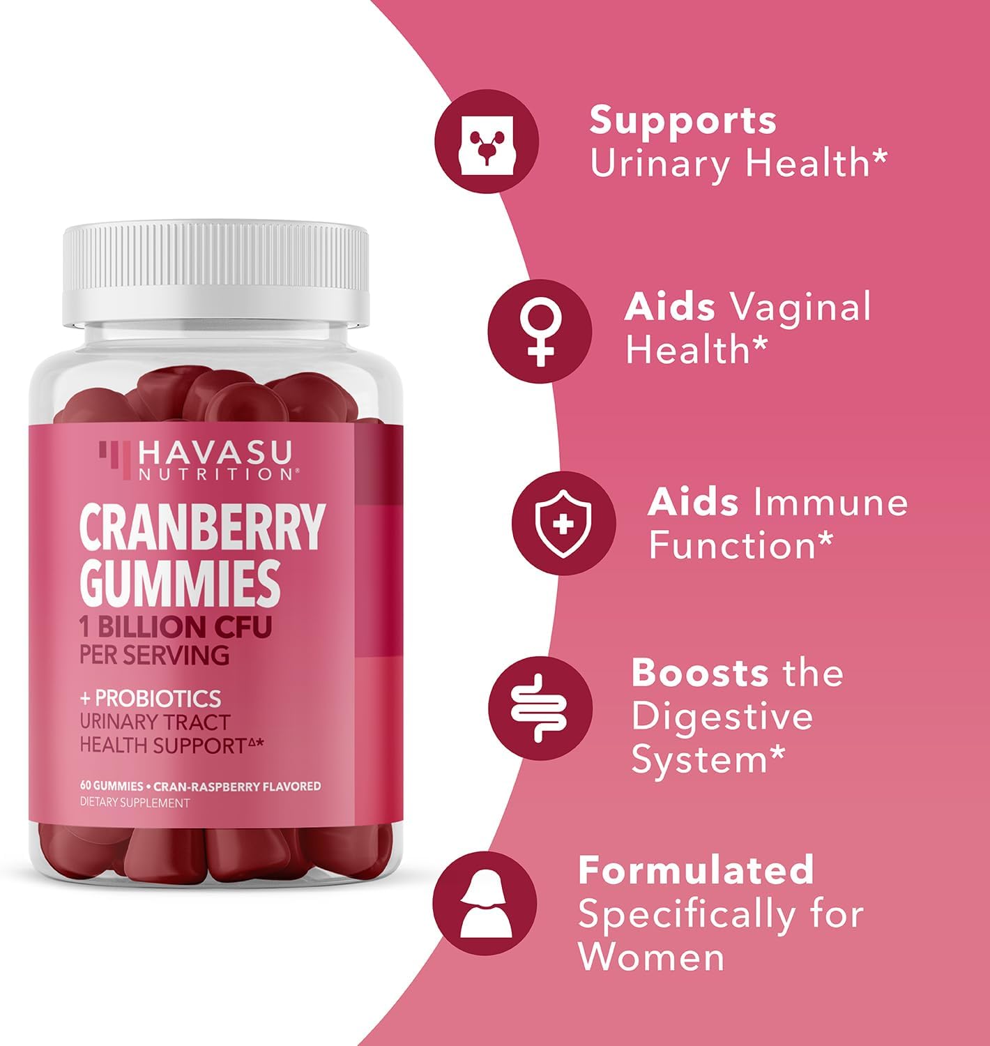 Women's Probiotic Cranberry Gummies - Supports Urinary Tract Health & pH Balance - 1 Billion CFU of Lactobacillus - Bladder & Vaginal Wellness - Cran-Raspberry Flavor - 60 Count - Espot.com.au