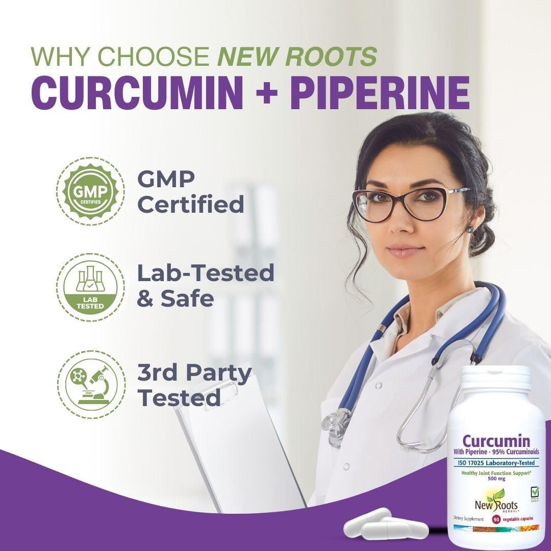 Turmeric Curcumin with Black Pepper Supplement for Enhanced Absorption | 95% Curcuminoids + 95% Piperine | 90 Veg Capsules, 500mg | New Roots Herbal - Espot.com.au
