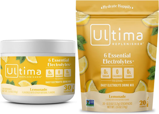 ultima-replenisher-lemonade-electrolyte-powder-drink-mix-bundle---30-servings-canister-20-stickpacks---keto-friendly-vegan-non-gmo-sugar-free---6-electrolytes-minerals-1