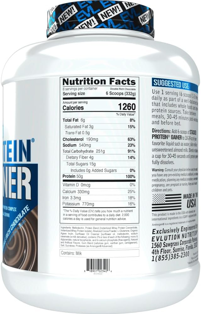evlution-nutrition-stacked-protein-gainer---double-rich-chocolate-6-lb---50g-whey-protein-251g-carbs---muscle-building-recovery-post-workout---gluten-free-2