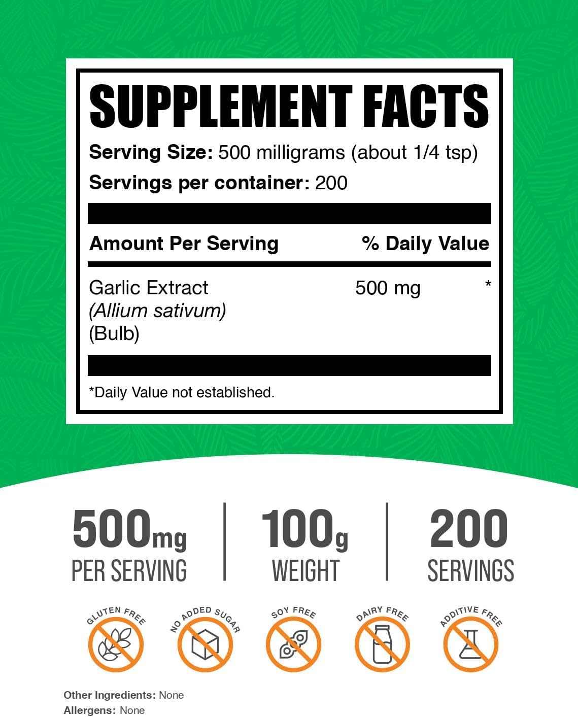 Garlic Extract Powder Supplement - Herbal Allium Sativum, Gluten-Free, 500mg per Serving - 100g (3.5 oz) - BulkSupplements - Espot.com.au
