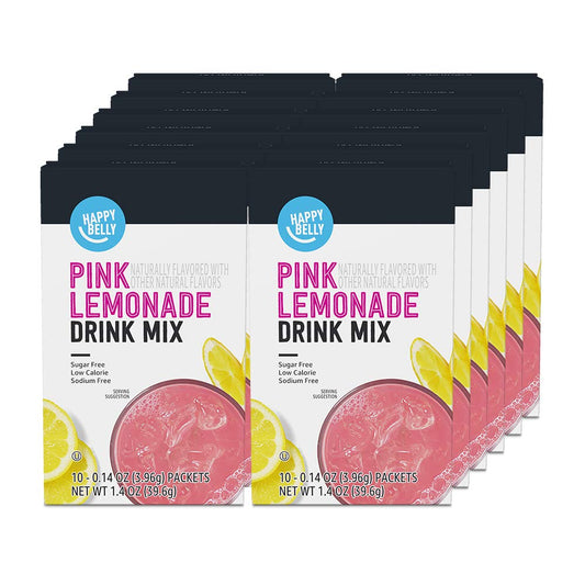 Happy Belly Pink Lemonade Drink Mix Singles, 1.4 Oz (Pack of 12) by Amazon Brand - Convenient Pack of 12 Individual Packets of Pink Lemonade Mix for On-the-Go Refreshment - Espot.com.au