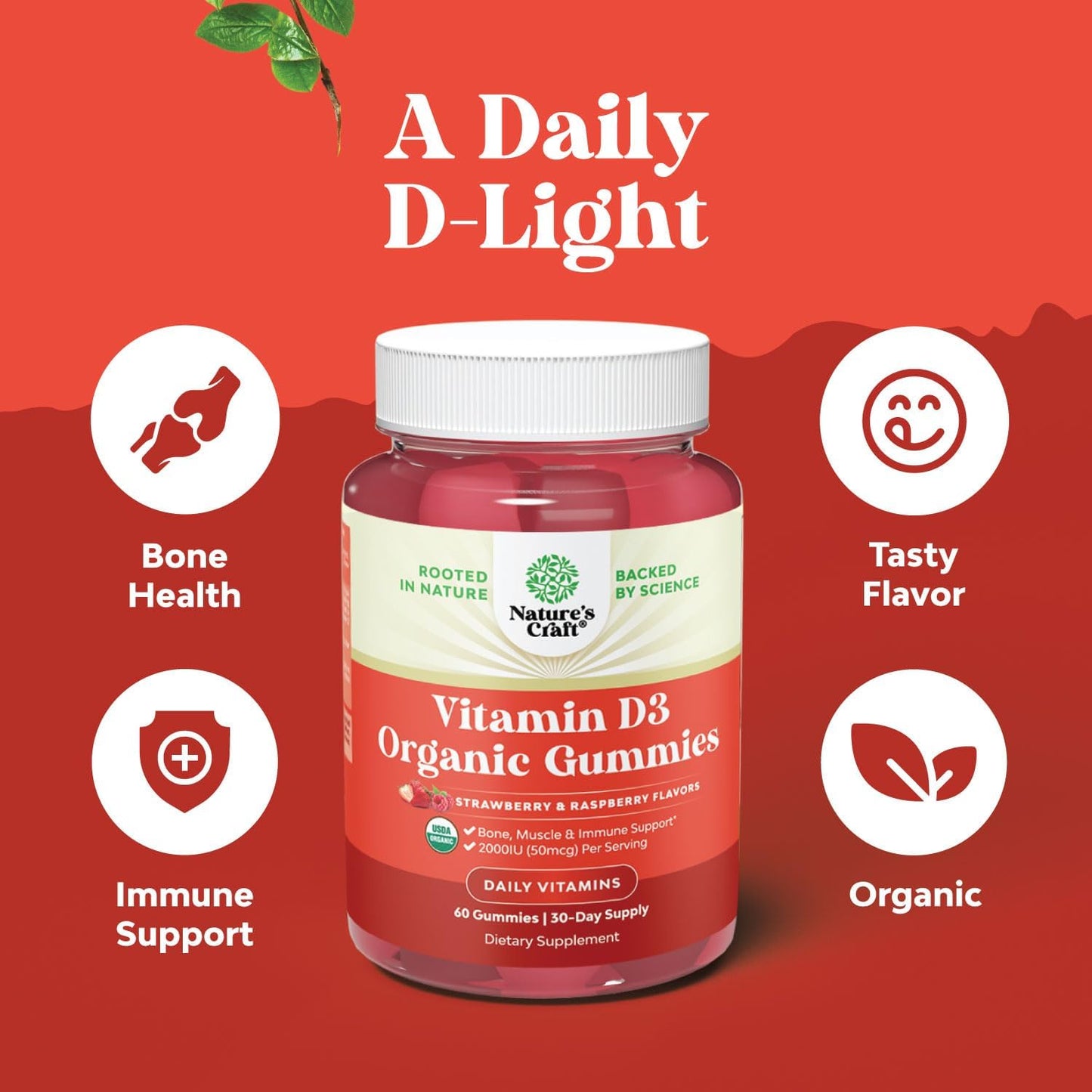 Organic Vitamin D3 Gummies 2000IU for Adults - Bone, Muscle, and Immune Support - Non-GMO and Gluten-Free - 60 Gummies - Espot.com.au