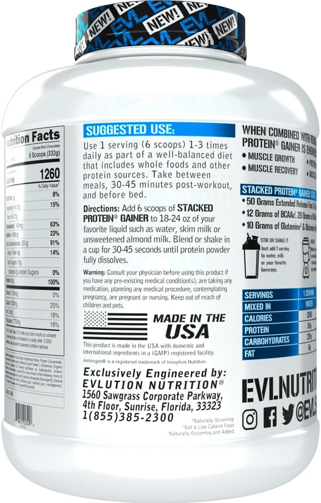 evlution-nutrition-stacked-protein-gainer---double-rich-chocolate-6-lb---50g-whey-protein-251g-carbs---muscle-building-recovery-post-workout---gluten-free-3