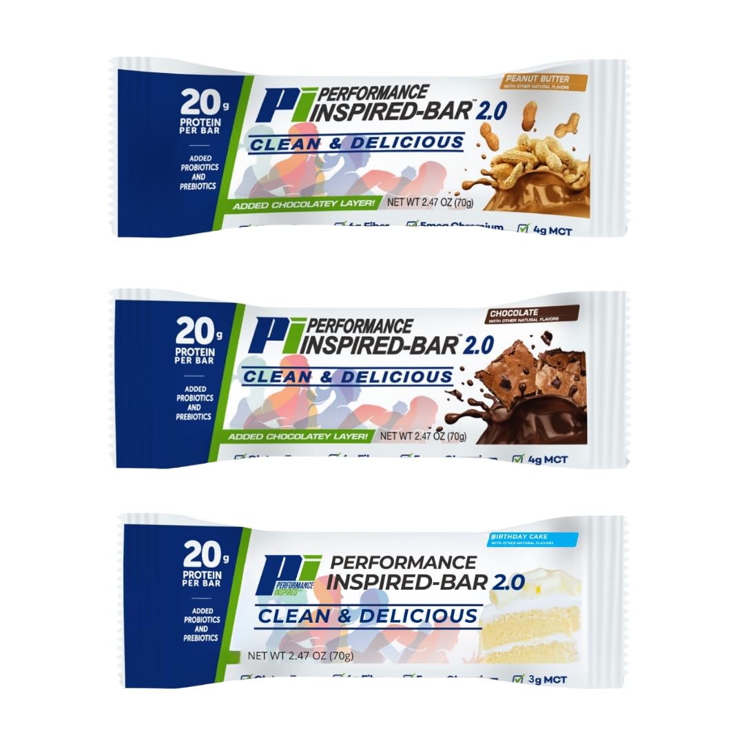 Performance Inspired Nutrition Protein Bar 2.0 - Chocolate Flavor, 20g Protein, 6g Fiber, 4g MCTs, 1 Billion CFU Probiotics - Gluten-Free - 12 Count Pack - Espot.com.au