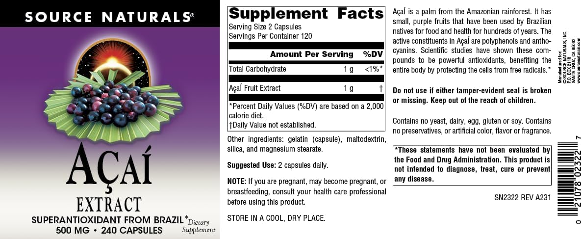 500mg Acai Extract Superantioxidant from Brazil - 240 Vegetarian Capsules by Source Naturals - Espot.com.au
